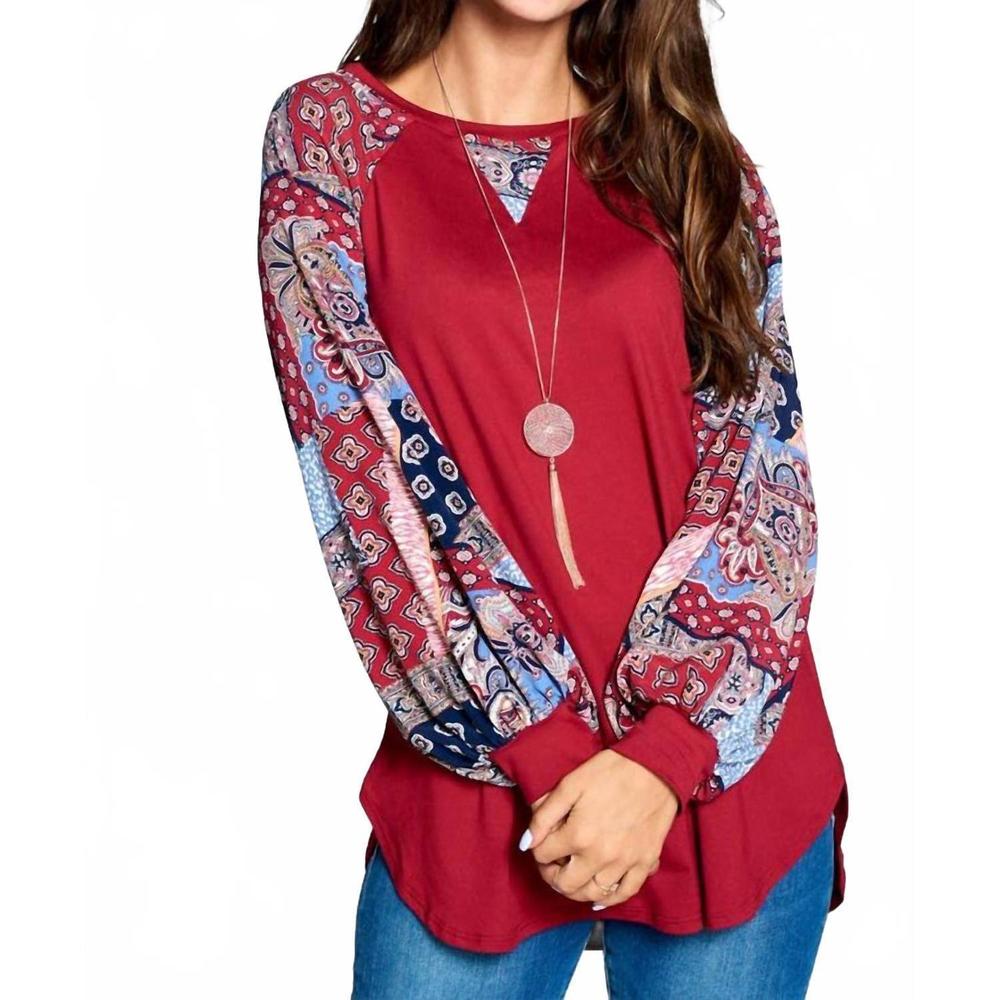 NEW EMERALD COLLECTION patchwork balloon sleeve raglan top in red
